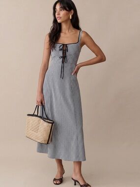 Gingham Tie-Front Midi Dress in Black & White